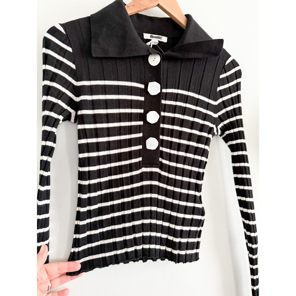 Madewell | NWT Ribbed Polo Sweater Black Ivory Stripe | Sz S - Picture 3 of 10